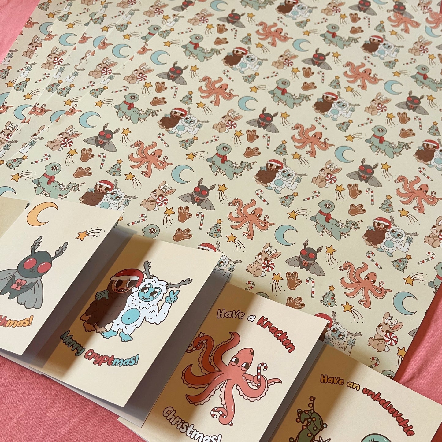 Christmas Cryptids Wrapping Paper and Gift Tag