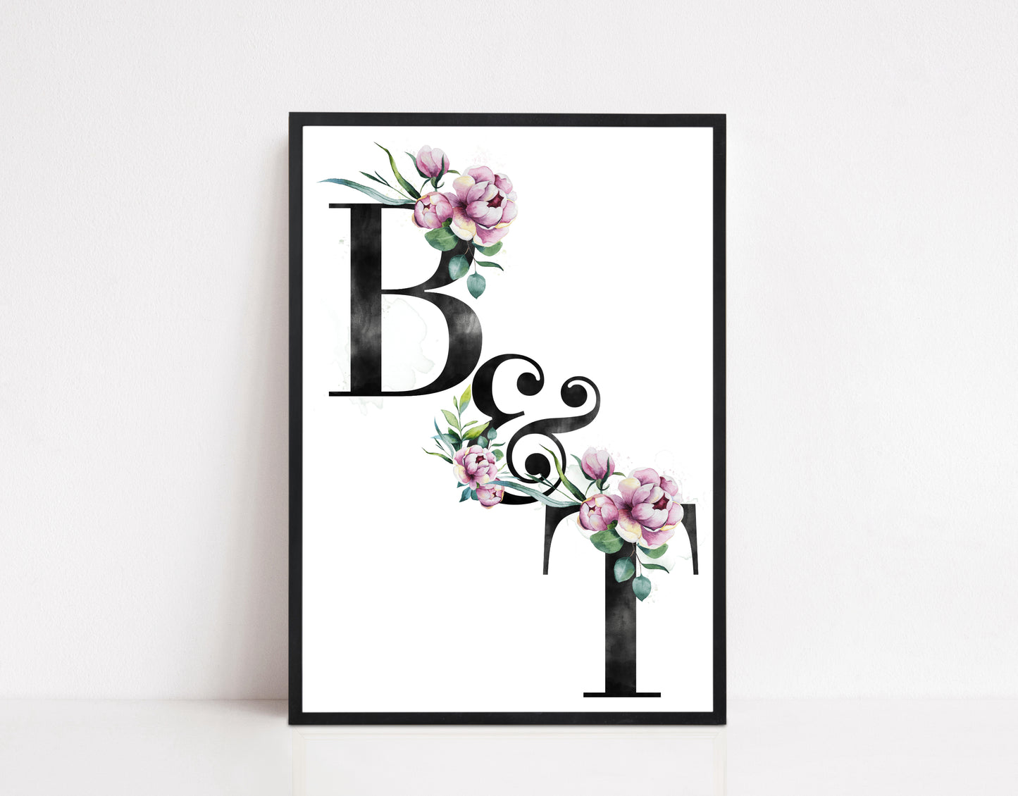 Personalised Illustrated Initial Print: Individual and Couple: Pink Peony