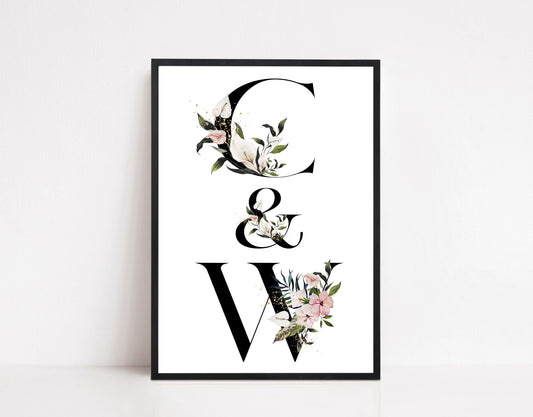 Personalised Illustrated Initial Print: Individual and Couple: Pink Lily