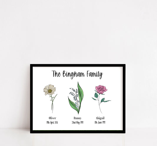 Coloured Personalised Family/Friends Birth Flower Print