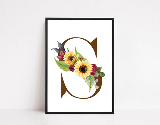 Personalised Illustrated Initial Print: Individual and Couple: Sunflower