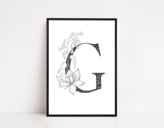 Personalised Illustrated Initial Print: Individual and Couple: Grey Floral