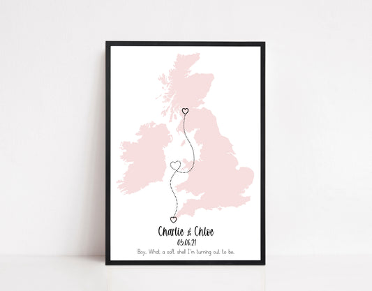 Personalised Map Print for Long Distance Relationships and Friendships