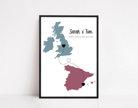 Personalised Map Print for Long Distance Relationships and Friendships