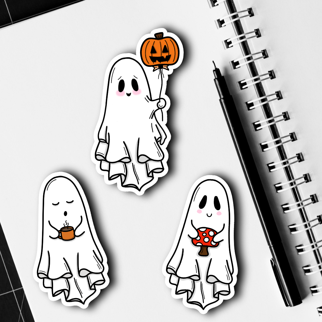 Mushroom, Pumpkin Balloon, Caffeine Ghost Sticker: Individual or Pack