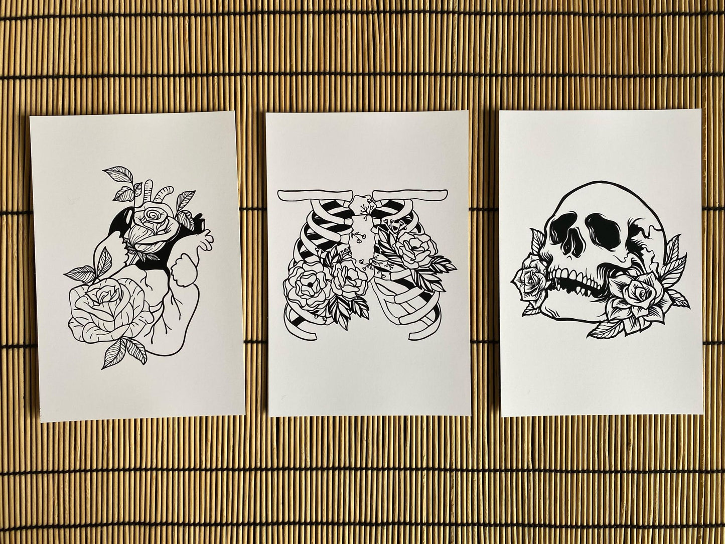 Floral Skull, Rib Cage, Heart Print; Individual/Set of 3