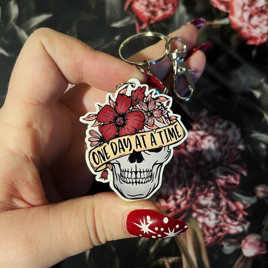 One Day At A Time Skull Key Ring